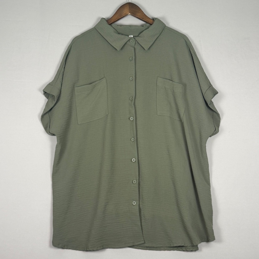 Zenana Button Down Shirt Womens 3X Olive Green NWOT Crinkle Texture QT-1136X